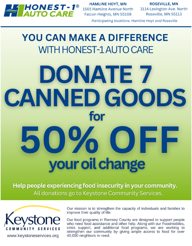 Donate 7 canned goods for 50% of your oil change - Honest-1 Auto Care Hamline Hoyt